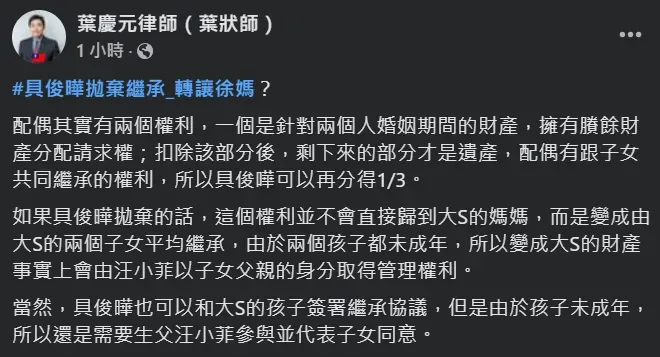 律師葉慶元認為，大S遺產去向可能會以小孩生父汪小菲代表子女的意向為主。（圖／翻攝自Facebook@葉慶元律師（葉狀師））