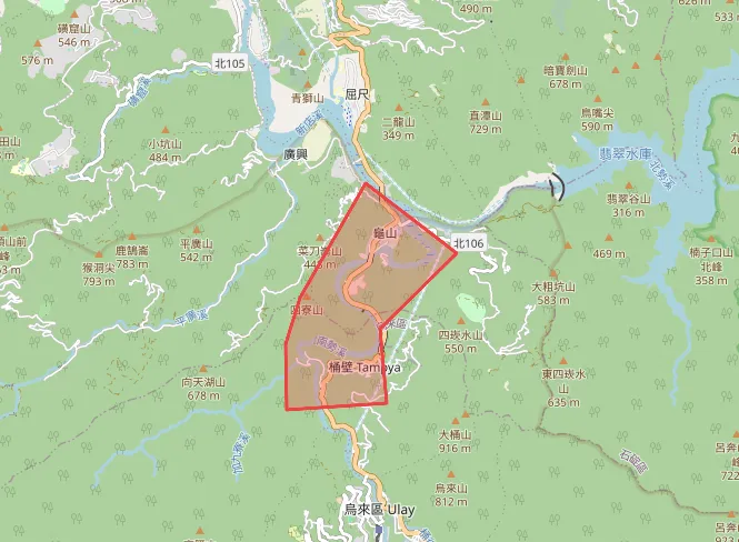 氣象署針對新北市南勢溪（紅河谷至龜岩寶島區）發布山區暴雨災防告警，警戒區域為新北市烏來區與新店區，持續時間至17時30分。（圖／氣象署提供）