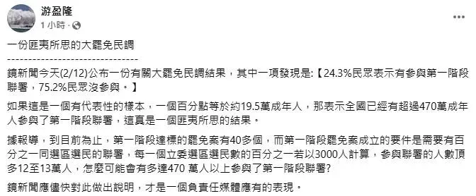 台灣民意基金會董事長游盈隆針對鏡新聞作的最新民調提出疑問。(圖／取自游盈隆臉書)