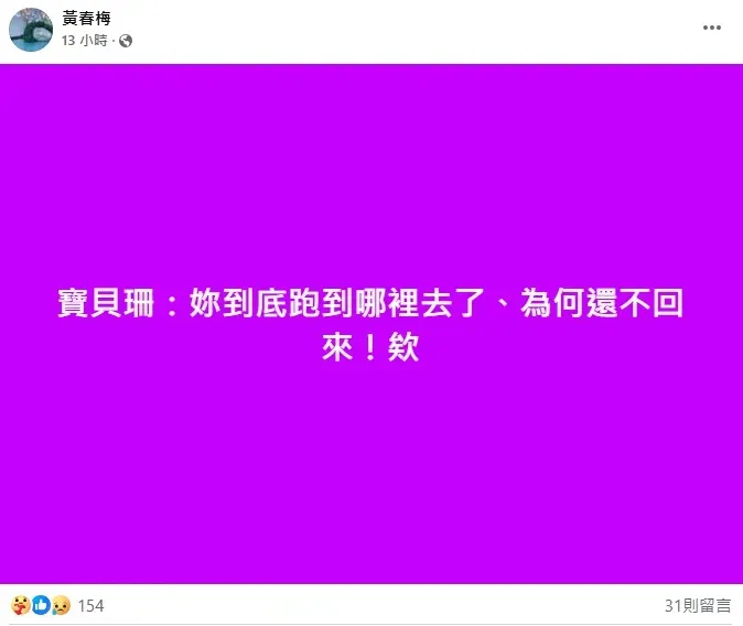 S媽3月31日在臉書發文：「寶貝珊：妳到底跑到哪裡去了、為何還不回來！」（圖／翻攝自S媽臉書）