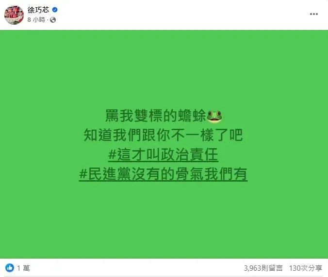 徐巧芯霸氣回嗆綠蟾蜍獲萬人按讚（攝自徐巧芯臉書）