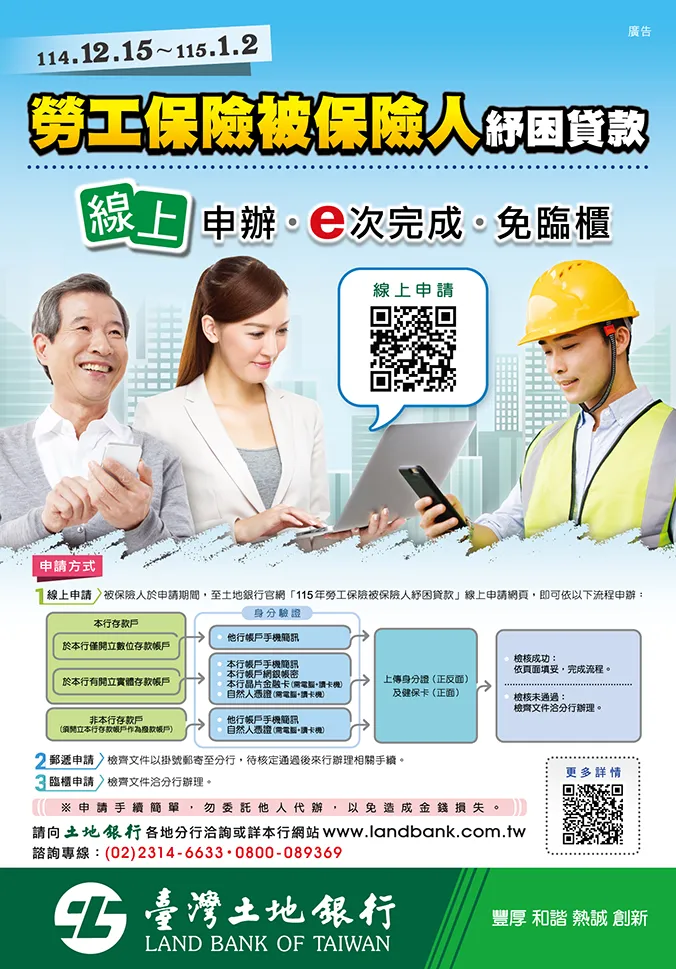 勞保紓困貸款申請方式一覽表。(圖/土地銀行官網)