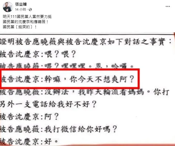 前民眾黨中央委員張益贍臉書爆料沈慶京與應曉薇的對話。(圖/取自張益贍臉書)