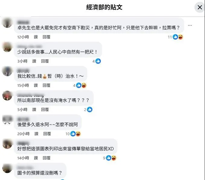 經濟部臉書發治水績效５張圖卡，留言區引發網友議論。（取自經濟部臉書）