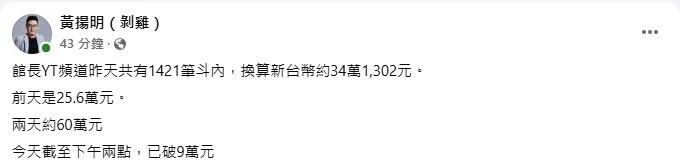 館長YT頻道的「斗內」(Donate贊助)金額也十分驚人。(圖/截自黃揚明臉書)
