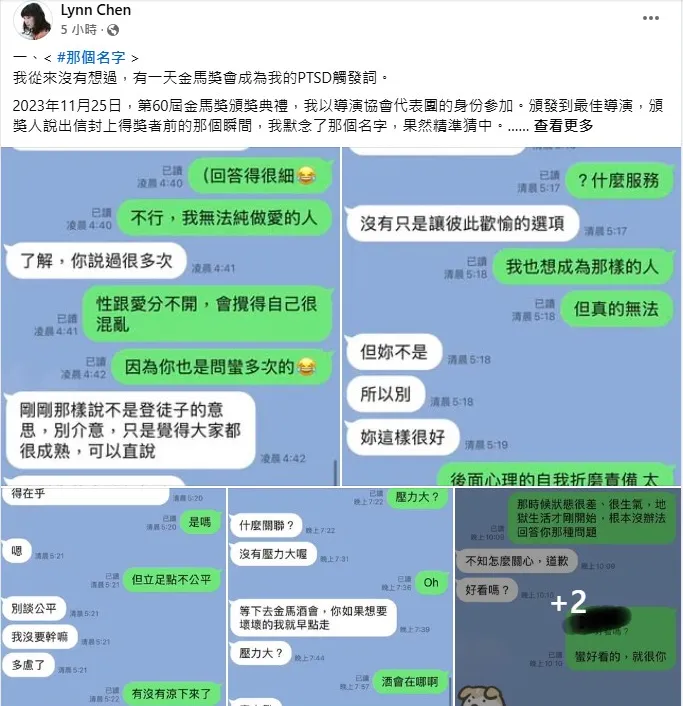 陳蔚爾指出蕭雅全曾三度對她進行肢體越界。（圖／翻攝自Lynn Chen臉書）