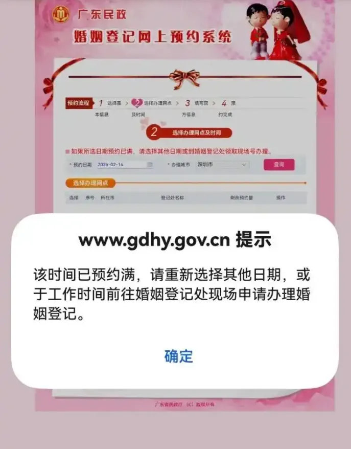 深圳各區2月14日的婚姻登記預約已滿。（圖／翻攝《海報新聞》）