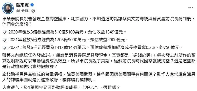 國民黨立委吳宗憲臉書發文反擊行政院長卓榮泰稱普發現金1萬元會掏空國庫的說法。(圖/取自吳宗憲臉書)
