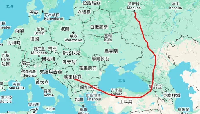 為了完成這次對俄羅斯的訪問，武契奇的專機繞行四國，包括保加利亞、土耳其、亞塞拜然和喬治亞，硬是畫出了一條「外交版貪吃蛇路線」。（示意圖/Google Maps）