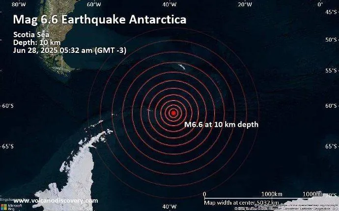 南極斯科舍海於28日下午4時32分發生規模6.6地震,震源深度僅10公里,屬於極淺層地震。(圖/翻攝自微博)
