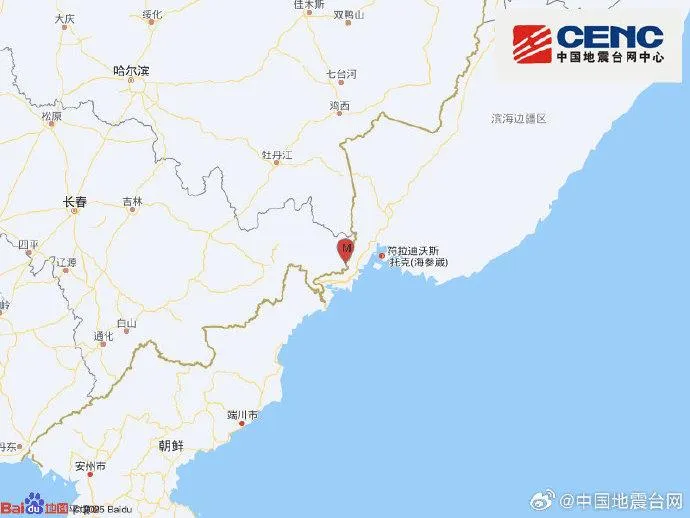 大陸東北部的吉林省延邊州琿春市25日晚間7時45分發生規模5.5地震。(圖/翻攝自微博@中國地震台網)