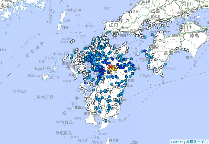 日本九州熊本縣阿蘇地區當地時間25日晚間6時1分發生規模5.8地震，最大震度5強落在熊本縣產山村。（圖／翻攝自日本氣象廳官網）