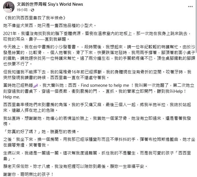陳文茜28日在社群平台分享一段驚險經歷。（圖／翻攝文茜的世界周報 Sisy's World News臉書）