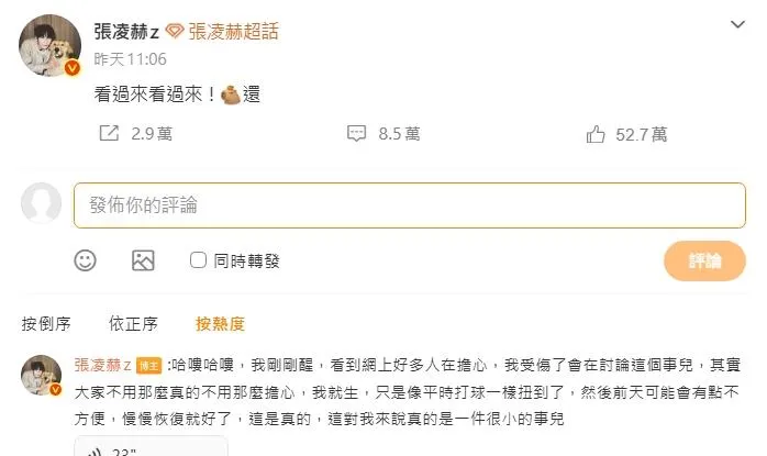 張凌赫一連發了多條語音訊息安撫粉絲。(圖/翻攝微博 張凌赫z)