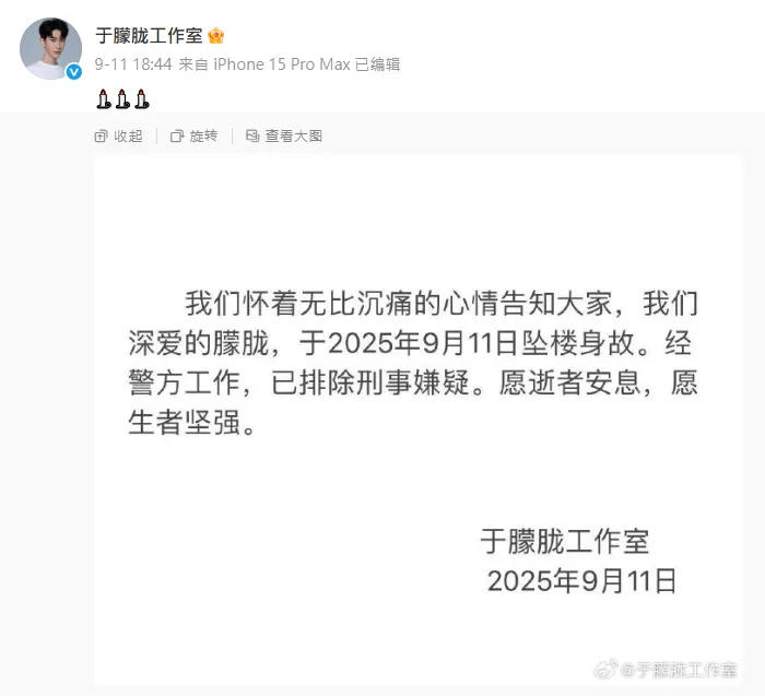 于朦朧工作室11日證實他墜樓身亡的噩耗。（圖／翻攝自于朦朧工作室微博）