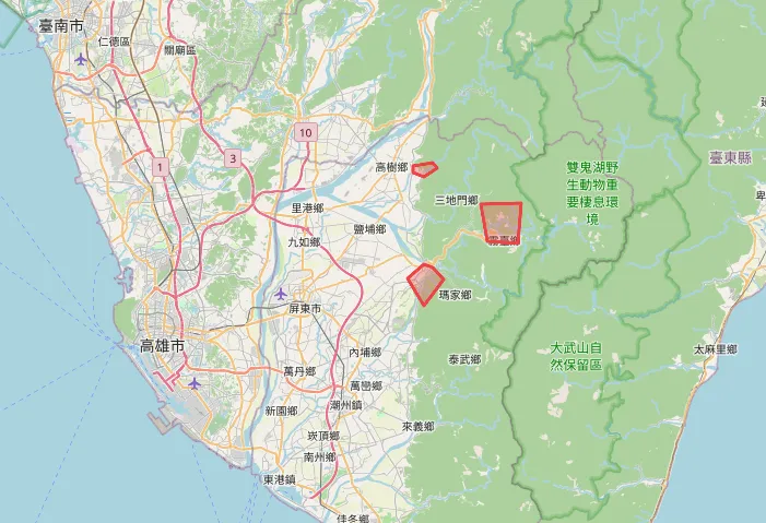 山區暴雨警戒區域涵蓋屏東縣內埔鄉、三地門鄉、霧臺鄉、瑪家鄉，包含沙漠溪（海神宮）、牛角灣溪、隘寮北溪（飛龍瀑布群）等區域。（圖／氣象署提供）