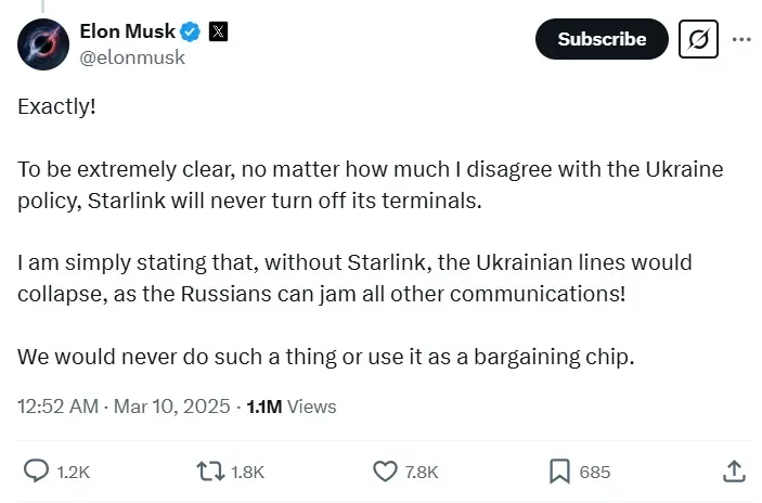 馬斯克之後在X上解釋星鏈系統不會關閉，而且俄國能夠干擾其他通訊系統。（圖／翻攝自X@elonmusk）