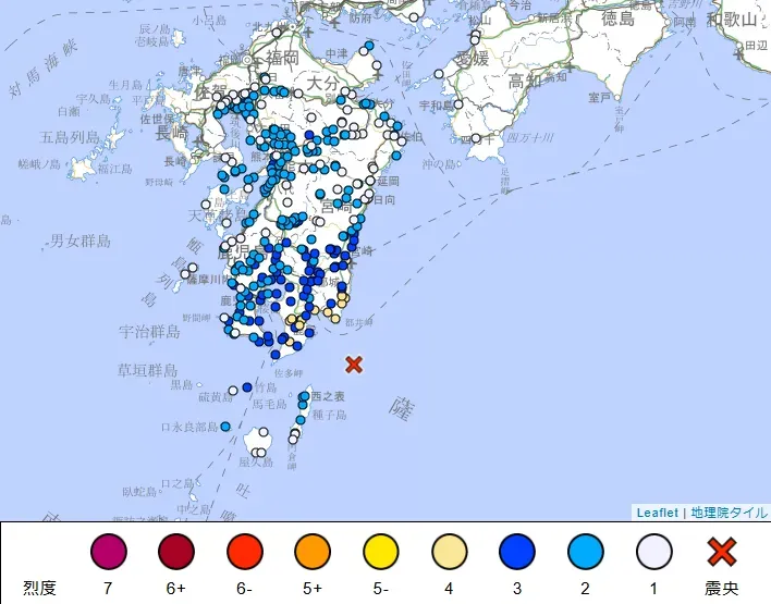 日本南部2日晚間10時4分（當地時間2日晚間11時4分）發生規模6.0地震，宮崎縣、鹿兒島縣局部區域最大震度4級。（圖／翻攝自日本氣象廳官網）