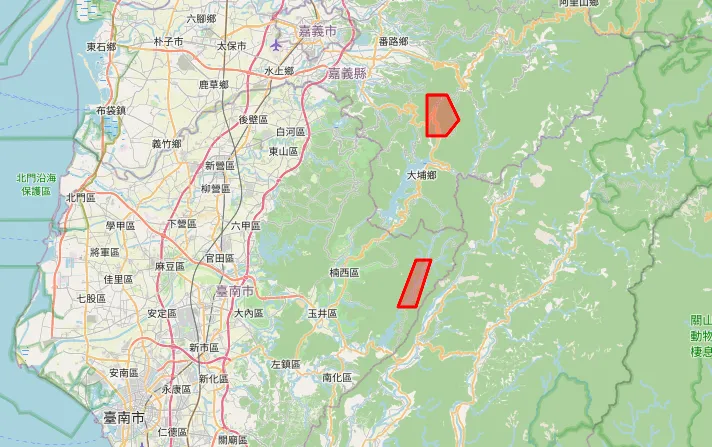氣象署針對嘉義縣草山溪（葫蘆谷），台南市後堀溪（千層岩瀑布）發布災防告警，持續時間至下午4點42分。（圖／氣象署提供）