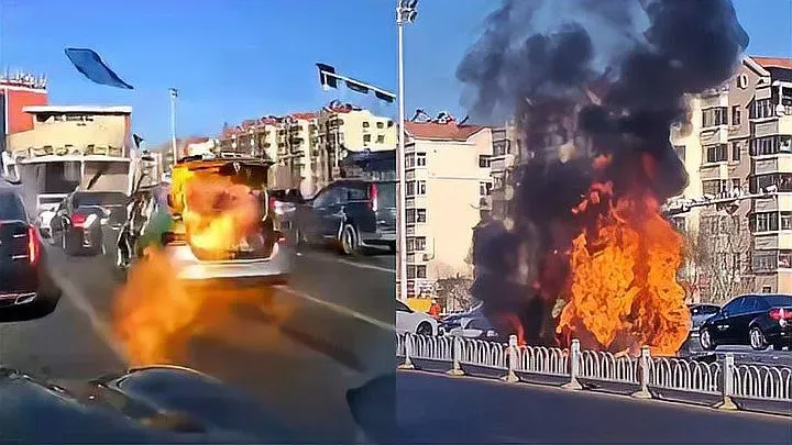 山東一計程車後車箱當街爆燃「炸飛車門」。(圖/翻攝掌聞視訊)