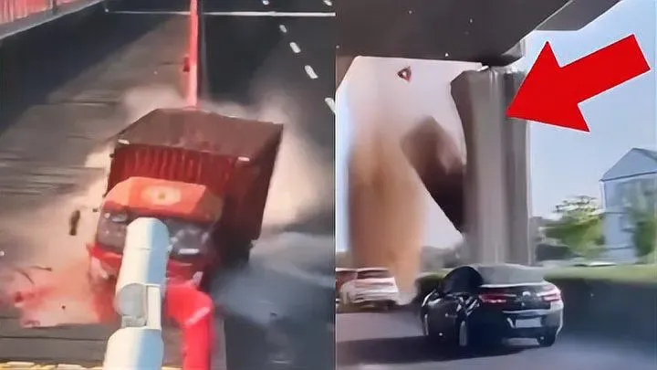 紅色貨車疑司機恍神,失控衝出護欄墜橋。(圖/翻攝微博)