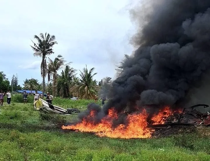 機身墜地後冒出大火，黑色濃煙四處瀰漫。（圖／翻攝自Facebook@Fire & Rescue Thailand）