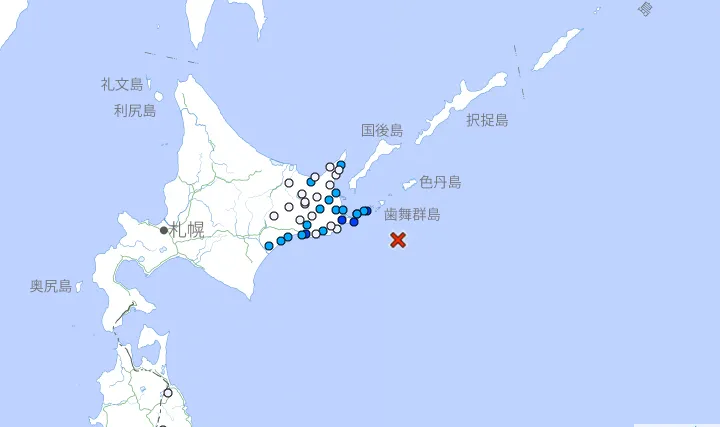 日本北海道外海今天發生規模6地震。（圖／翻攝自日本氣象廳）