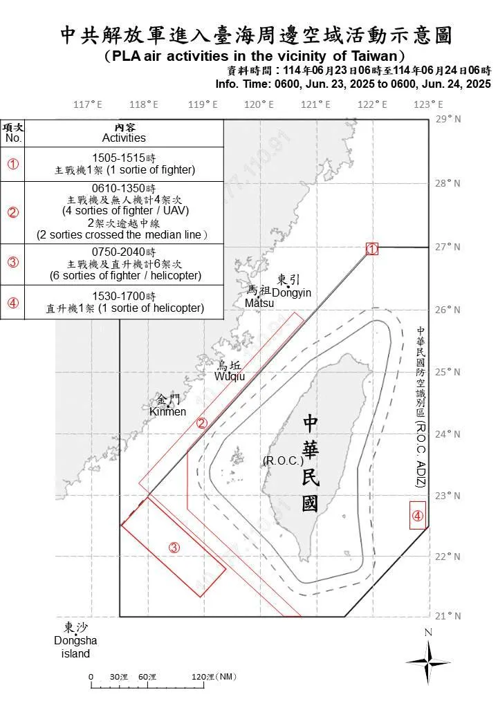 共機、艦23日早上6點至24日早上6點活動示意圖。(圖/國防部)