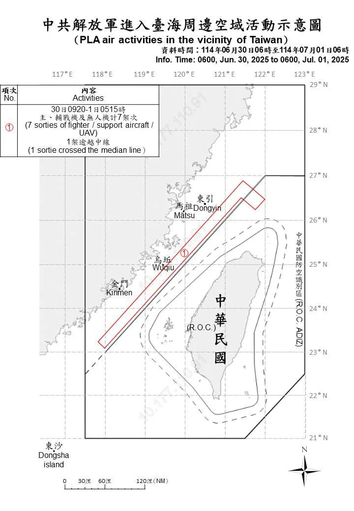 我國防部公布6月30日臺海周邊海、空域活動示意圖。(圖/國防部提供)