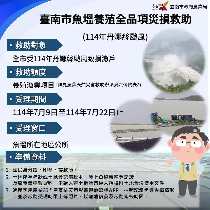 台南市漁塭養殖業全品項災損救助說明。（圖／台南市政府農業局）