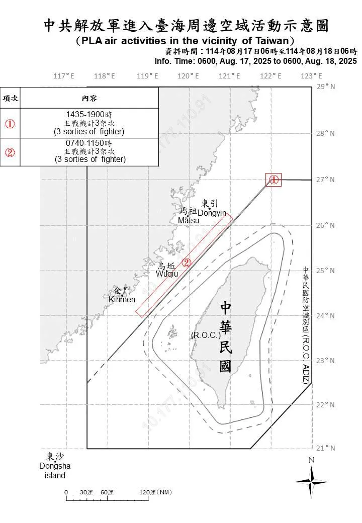 台海周邊海、空域活動示意圖。（國防部提供）