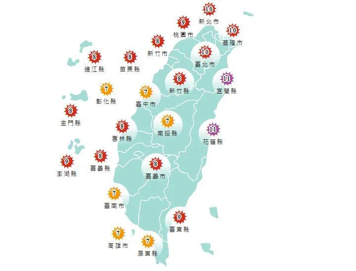 中央氣象署針對台北市士林、中山、大安區發布高溫橙色燈號。（圖／中央氣象署）