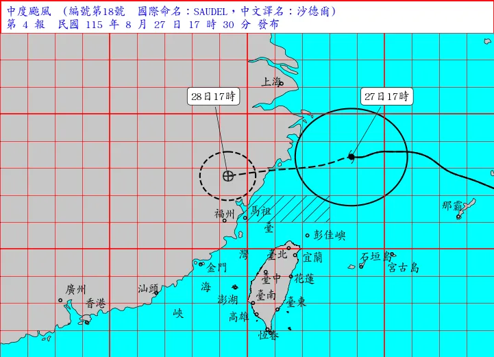 中颱沙德爾路徑逐漸轉朝西方前進，即將威脅台灣北部海面。（圖／翻攝自中央氣象署官網）