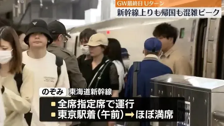 黃金週最後一天，日本機場和車站湧現返鄉人潮。（圖／NNN）