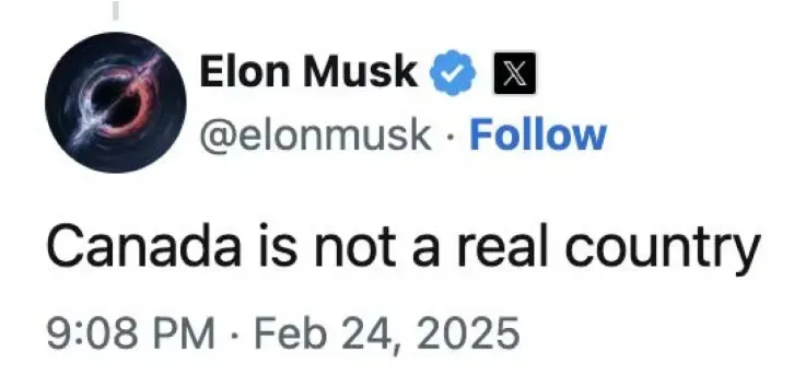 馬斯克一度回嗆「加拿大不是一個真正國家」。（圖／翻攝自X@elonmusk）