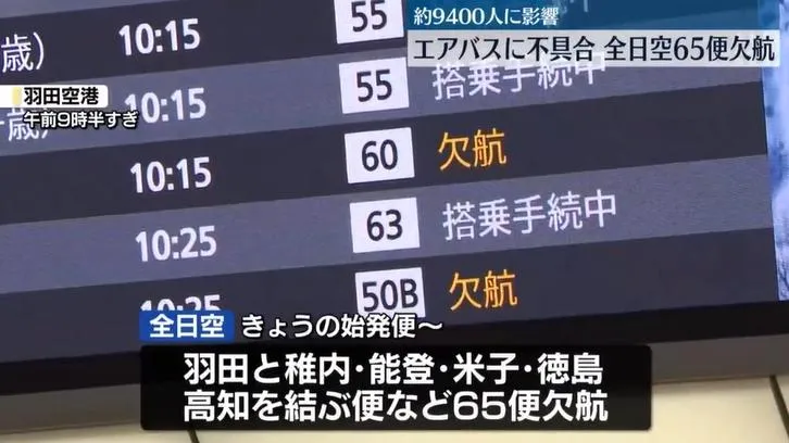 日本全日空因A320客機需實施檢修，宣布取消65個航班。（圖／NNN）