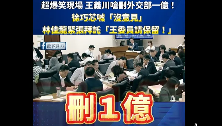 王義川10日在立法院外交及國防委員會揚言刪外交部編給民主基金會的1億預算。（圖／翻攝臉書粉專「政客爽」）