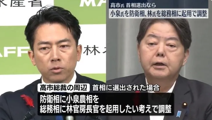 日媒報導高市早苗已開始協調人事任命，有意讓小泉進次郎擔任防衛大臣、官房長官林芳正出任總務大臣。（圖／NNN）