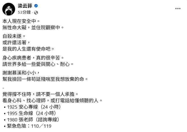 梁云菲輕生獲救。（圖／翻攝梁云菲 臉書）