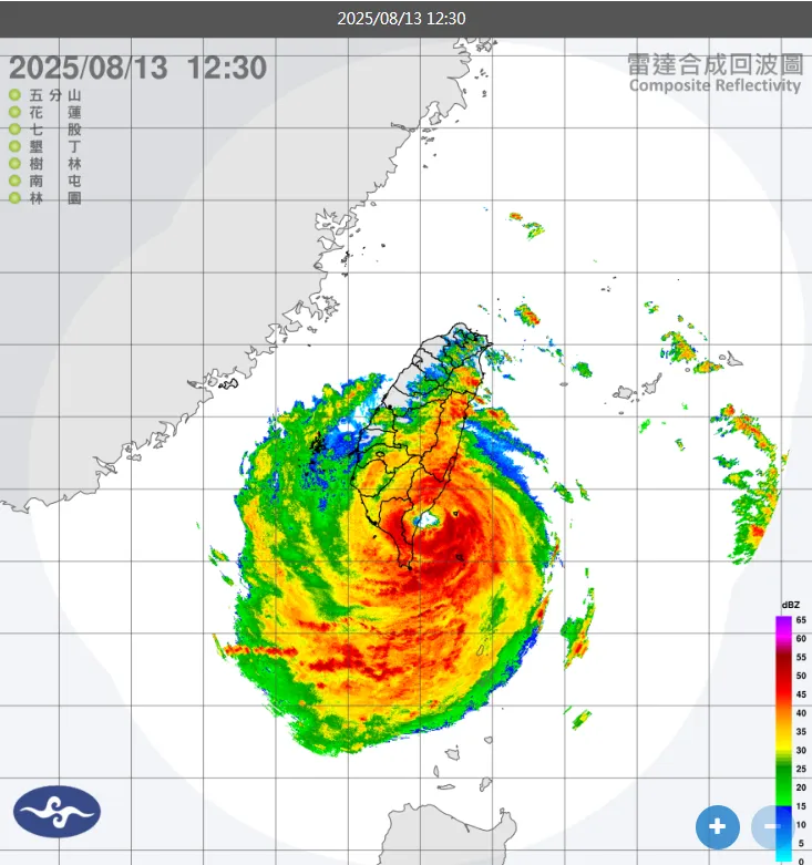 楊柳颱風位於台東外海，北市府呼籲市民盡量避免外出。（圖／中央氣象署）