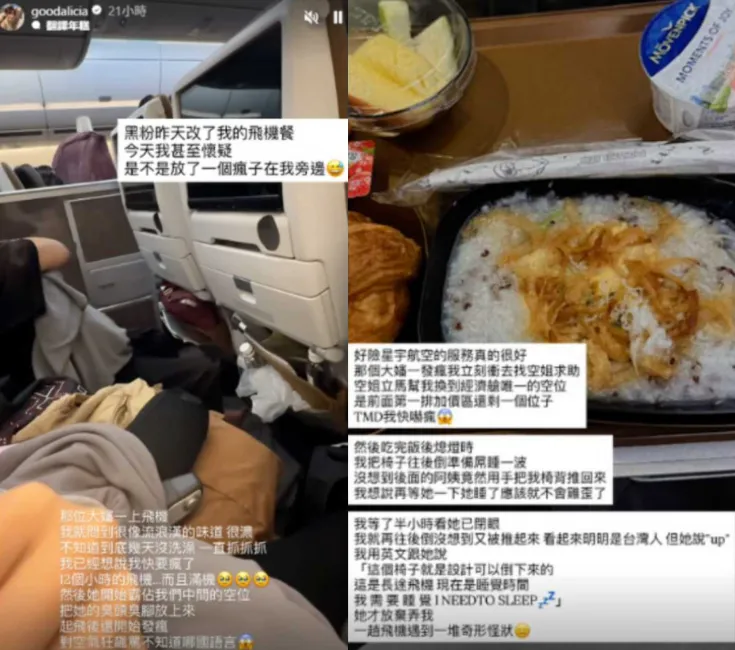 愛莉莎莎進日搭飛機時遇到衛生習慣不佳的乘客，因此直呼當時「快瘋了」。（圖／翻攝自愛莉莎莎IG）
