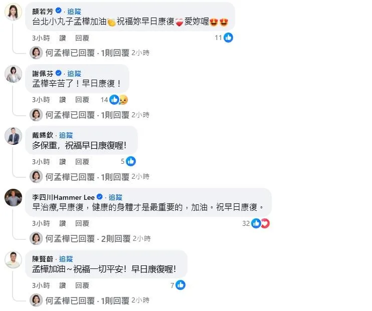 包括李四川及市議會同仁留言打氣（攝自何孟樺臉書）