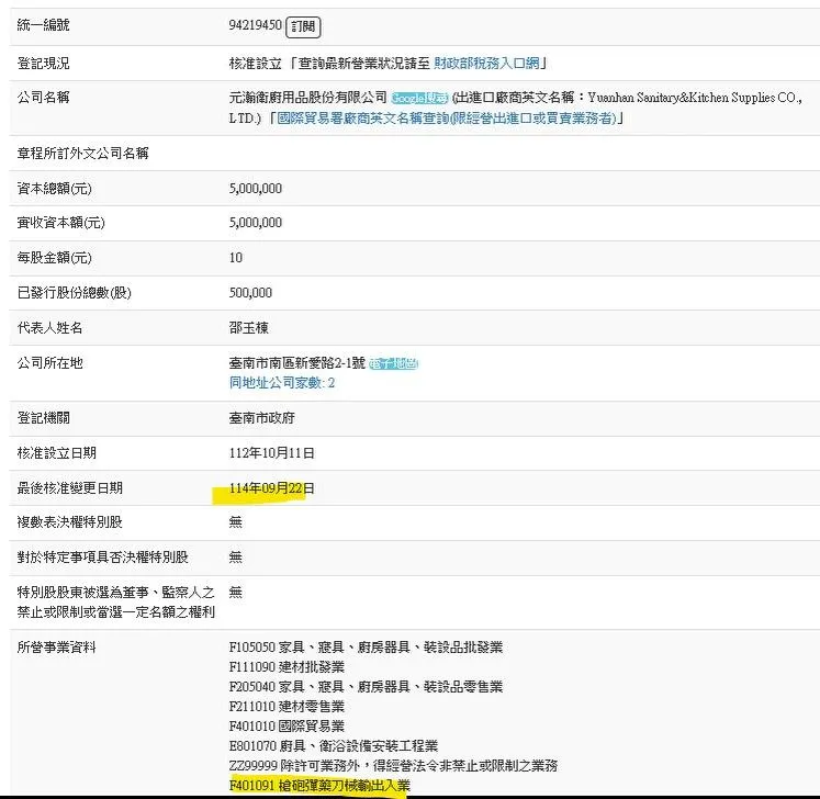 福麥公司現址另設有1家衛廚用品公司,被發現營業項目包含槍砲彈藥刀械輸出入。(圖/翻攝王鴻薇臉書)