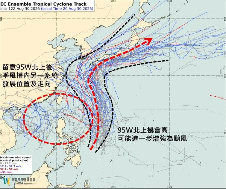 下週熱帶擾動95W將往日本前進，另1個則可能接近台灣。（圖／翻攝自Facebook@天氣職人-吳聖宇）