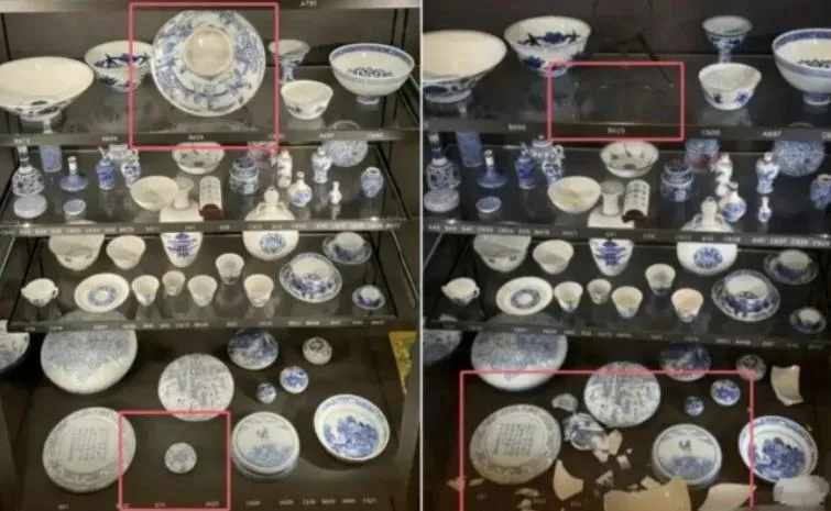 展品原先完好在展示架內（左圖），卻不明原因摔碎（右圖）。（圖／翻攝新浪微博）