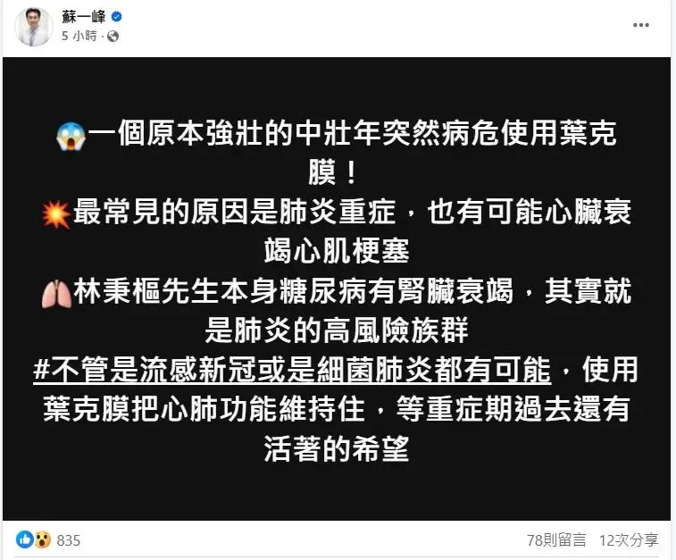 蘇一峰指出，強壯的中壯年突然病危使用葉克膜，最常見的原因是肺炎重症或是心臟衰竭、心肌梗塞。（圖／翻攝自臉書）