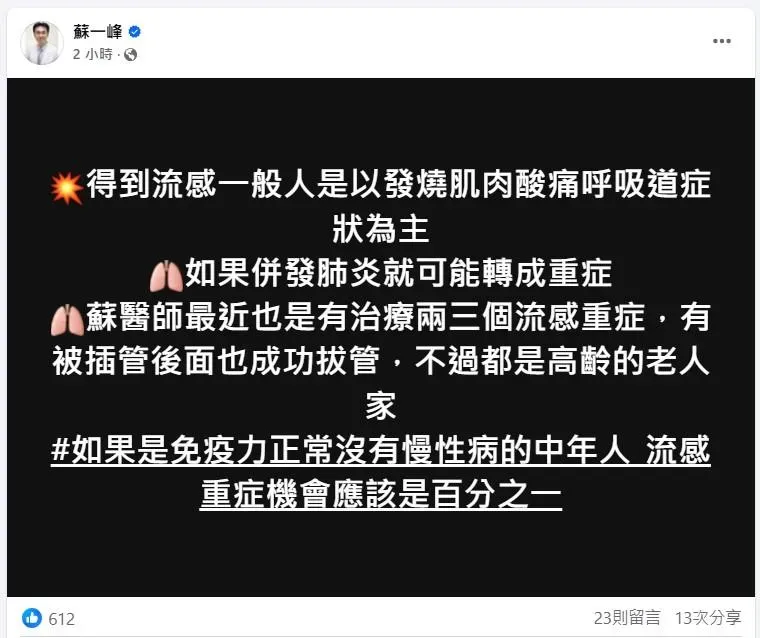 蘇一峰在臉書發文表示,如果是免疫力正常、沒有慢性病的中年人,罹患流感且併發重症的機會應該是1%。(圖/翻攝自臉書蘇一峰)