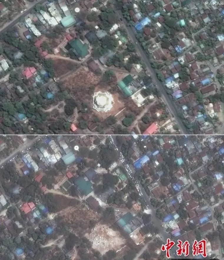 衛星照顯示房屋寺廟整片被震垮。（圖／翻攝中新網）