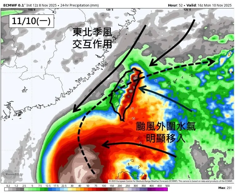 吳聖宇提醒,明天隨著鳳凰颱風水氣移入,跟東北季風交互作用,北部、東半部要注意大雨或豪雨發生的機會,共伴效應將逐漸出現。(圖/翻攝自臉書粉專「天氣職人-吳聖宇」)