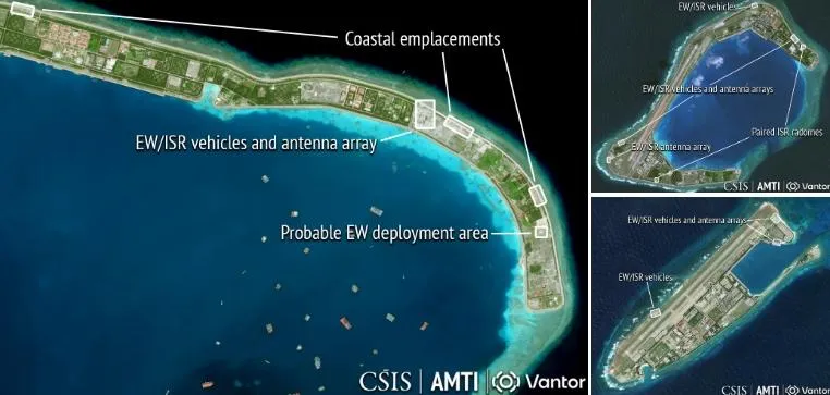 衛星影像顯示大陸在南沙群島三大前哨站出現新建或強化的雷達設施、天線陣列及電子戰裝置。（圖／翻攝AMTI網站）